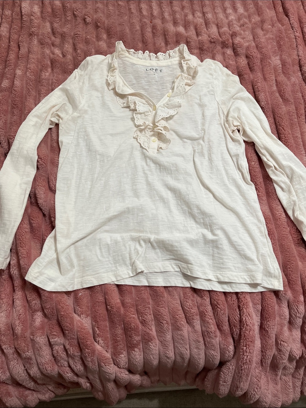 LOFT Cream Eyelet Ruffle V-Neck Long Sleeve Top